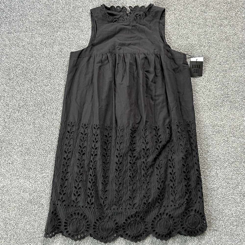 Anna Sui Dress Womens Small Black Embroidered Eyelet Trapeze Midi High Neck Boho